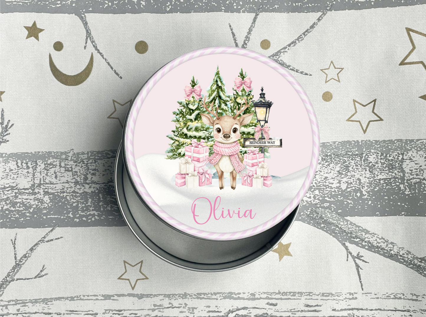 Personalised  Reindeer Christmas Treats Round Tin