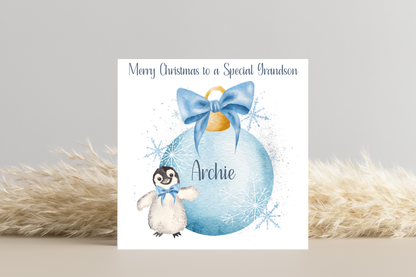 Personalised Penguin Bauble Christmas Card