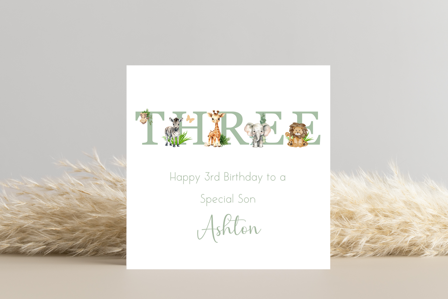 Personalised Jungle Animal Sage Birthday card