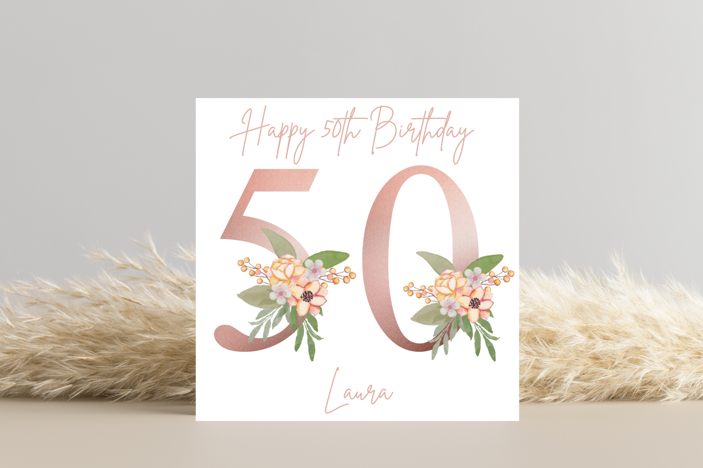 Personalised 50th Rose Gold Floral Birthday Card