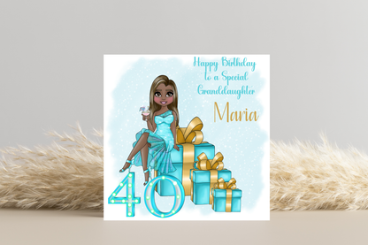 40th Birthday Card Personalised- Lady in Blue Dress Sitting on Glittering Presents