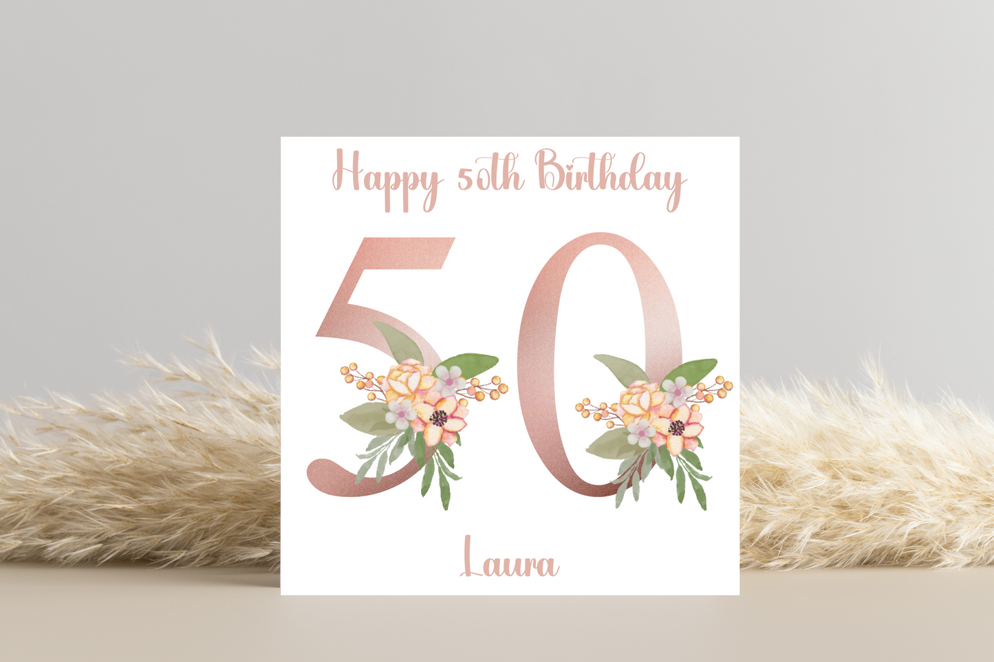 Personalised 50th Rose Gold Floral Birthday Card