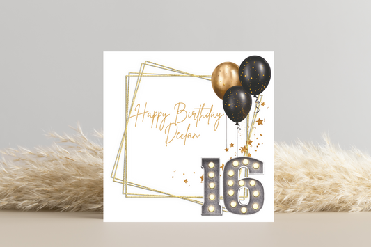 Personalised Black and Gold 16th Birthday Card