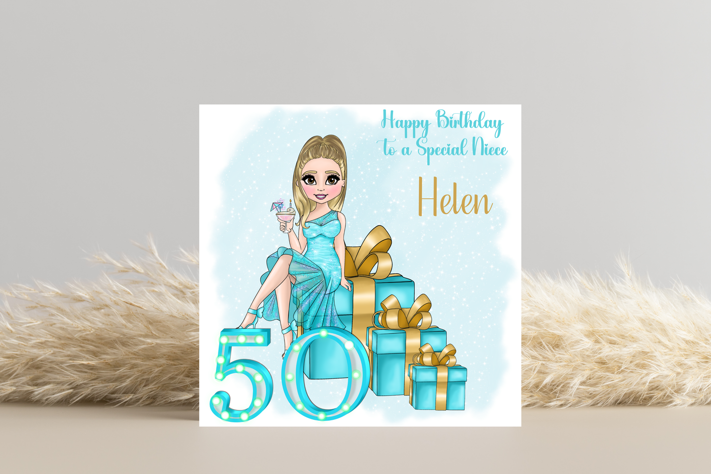 50th Birthday Card Personalised- Lady in Blue Dress Sitting on Glittering Presents