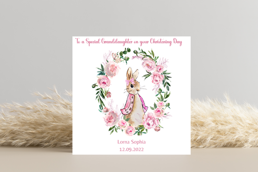 Personalised Peter Rabbit Flopsy Pink Christening Card