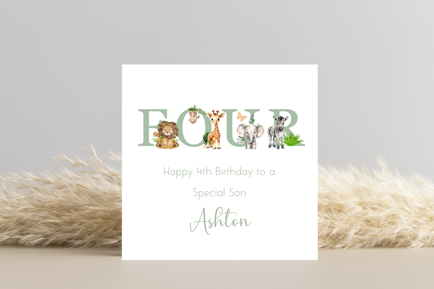 Personalised Jungle Animal Sage Birthday card