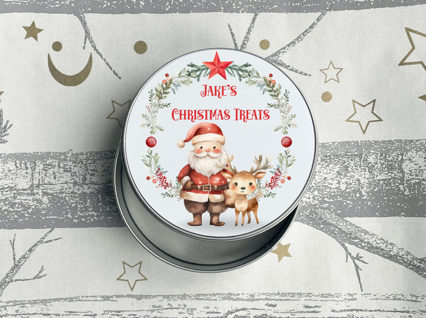 Personalised Santa Wreath Christmas Treats Tin