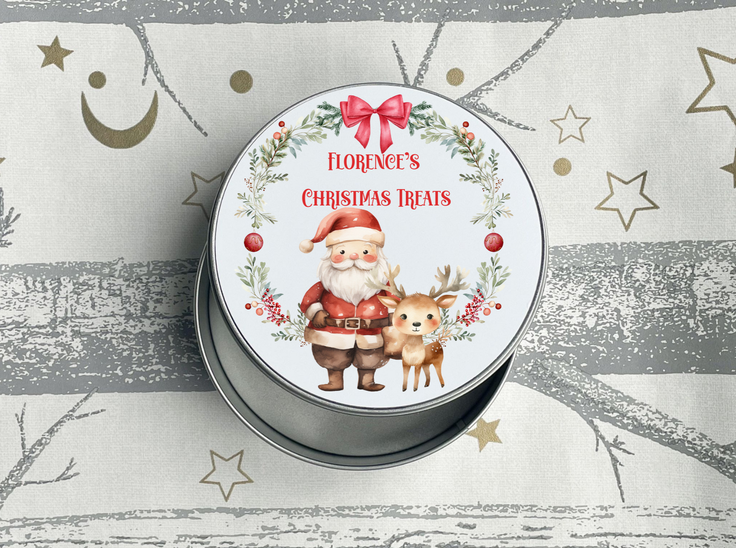 Personalised Santa Wreath Christmas Treats Tin