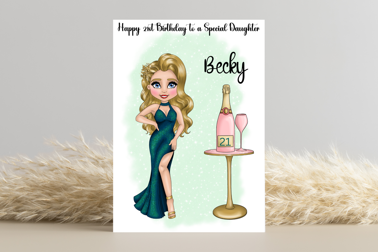 Celebrate Her Milestone: Customise Doll Look Alike in Emerald Green Dress with Champagne Bottle Design - Perfect 21st Birthday Card