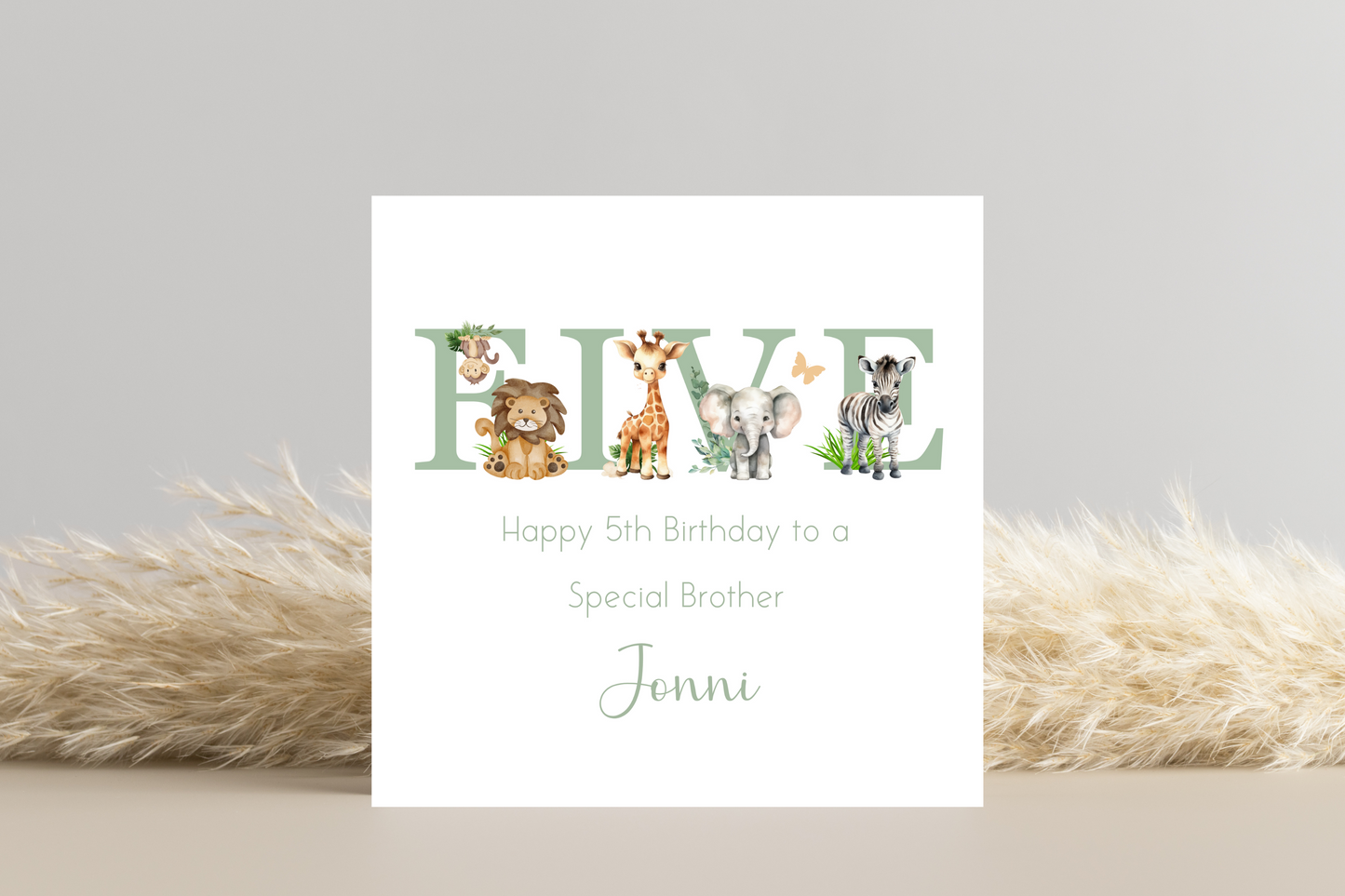 Personalised Jungle Animal Sage Birthday card