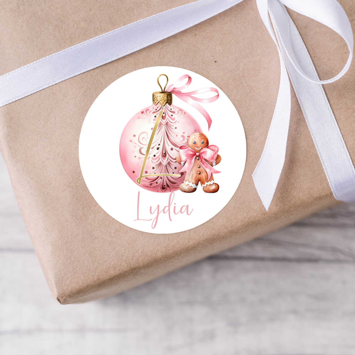 Personalised Pink Bauble Gingerbread Christmas Present Labels - 12 per sheet