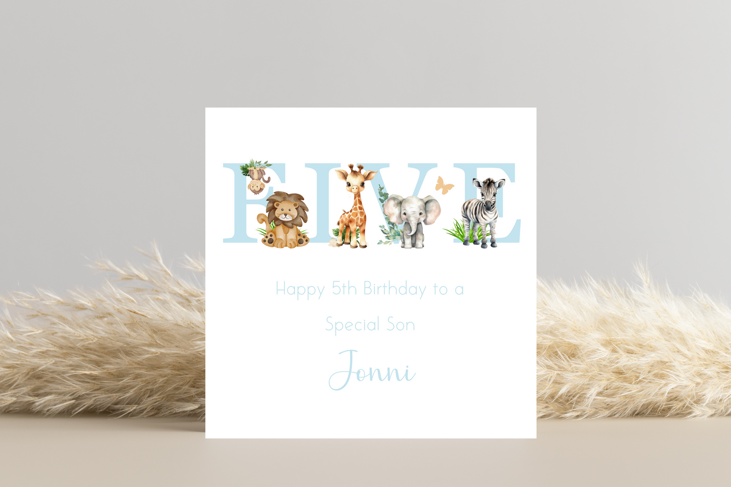 Personalised Jungle Animal Blue Birthday card