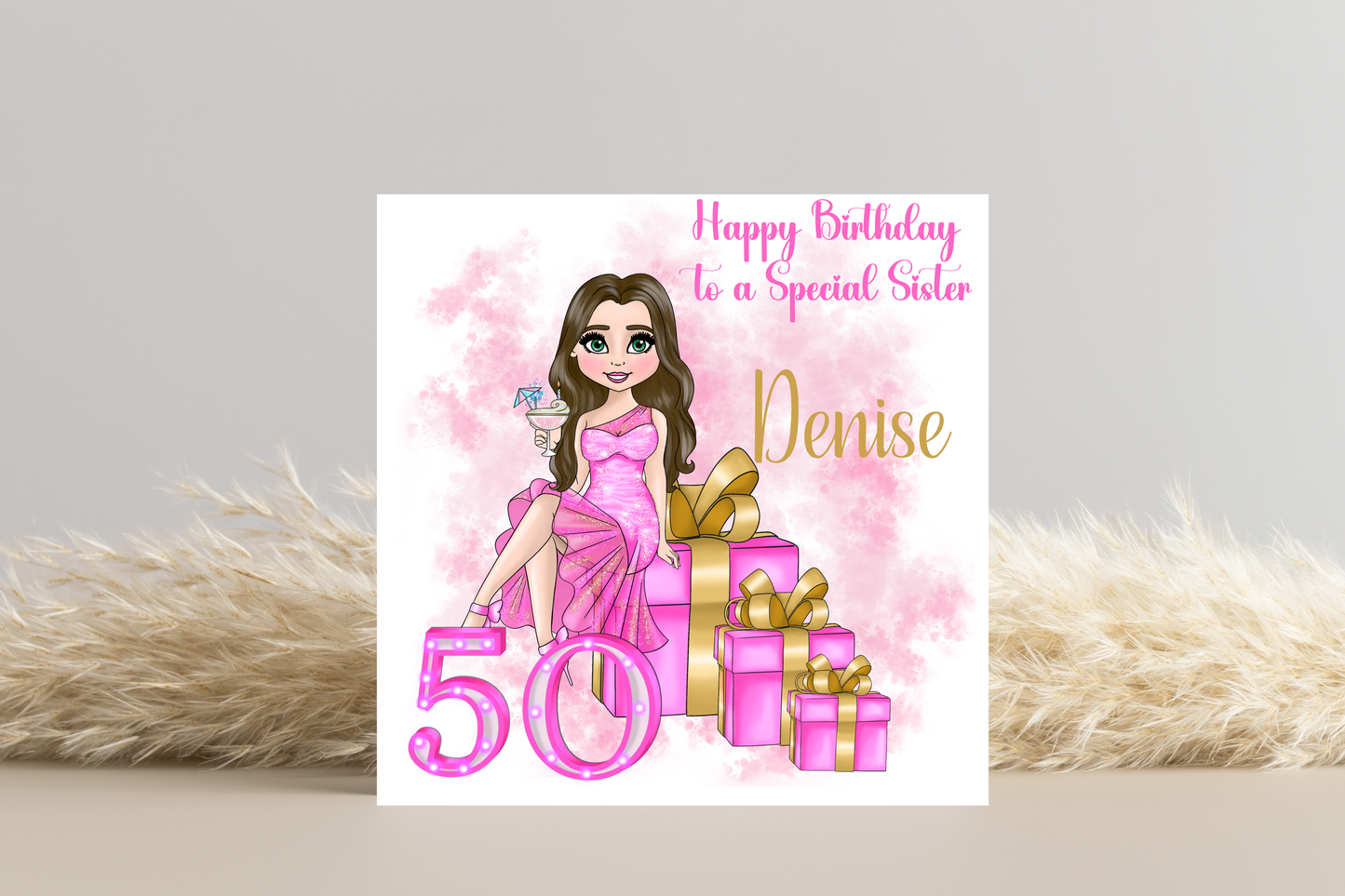 50th Birthday Card Personalised- Lady in Pink Dress Sitting on Glittering Presents