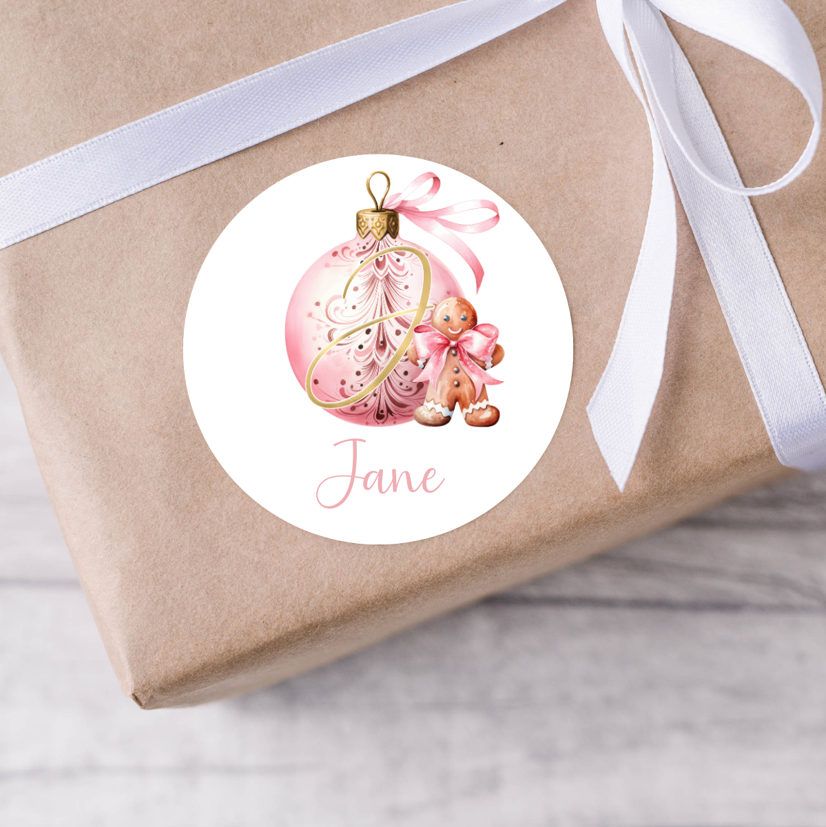 Personalised Pink Bauble Gingerbread Christmas Present Labels - 12 per sheet