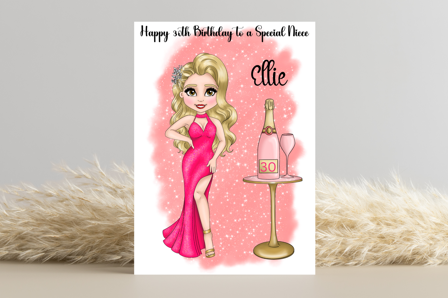 Celebrate Her Milestone: Customise Doll Look Alike in Hot Pink Dress with Champagne Bottle Design - Perfect 30th Birthday Card