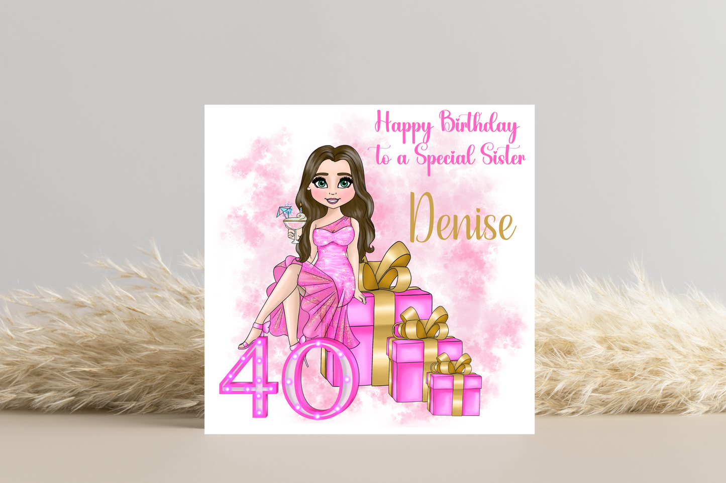 40th Birthday Card Personalised- Lady in Pink Dress Sitting on Glittering Presents