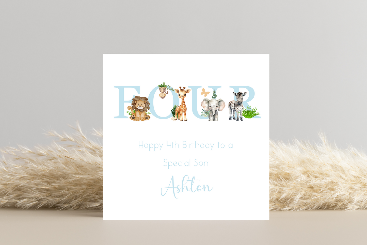 Personalised Jungle Animal Blue Birthday card