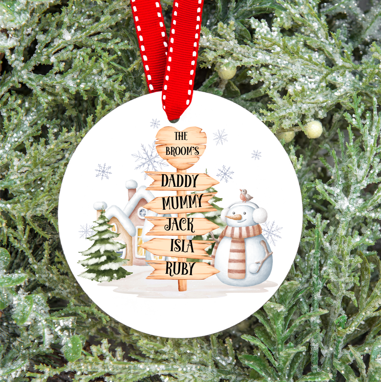 Personalised Snowman Family Names Christmas Bauble