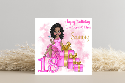 18th Birthday Card Personalised- Lady in Pink Dress Sitting on Glittering Presents