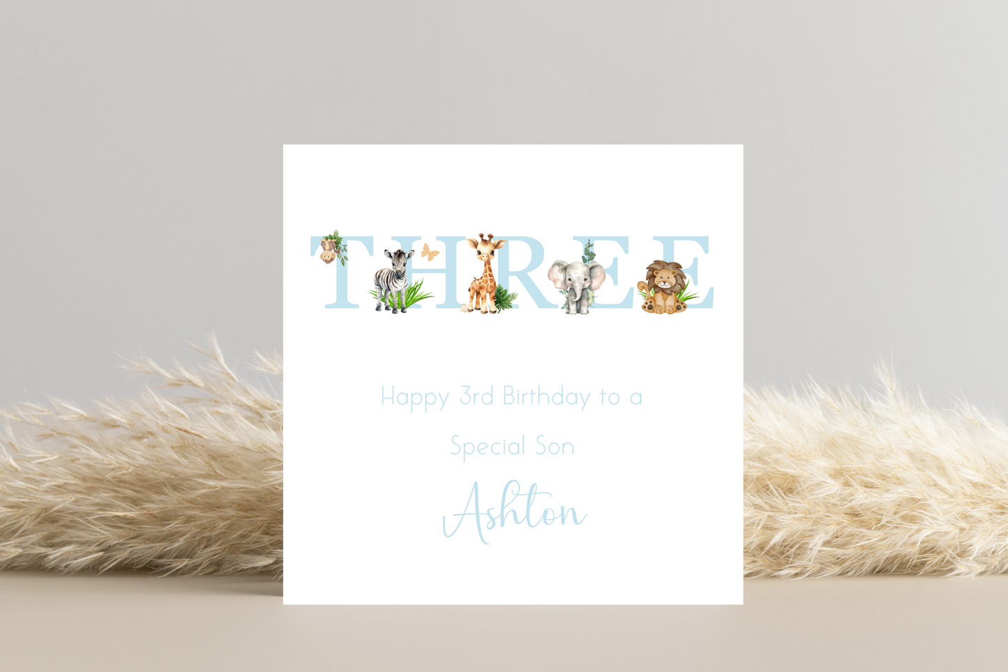 Personalised Jungle Animal Blue Birthday card