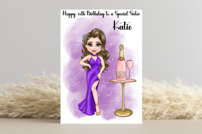 Celebrate Her Milestone: Customise Doll Look Alike in Purple Dress with Champagne Bottle Design - Perfect 30th Birthday Card