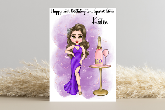 Celebrate Her Milestone: Customise Doll Look Alike in Purple Dress with Champagne Bottle Design - Perfect 30th Birthday Card