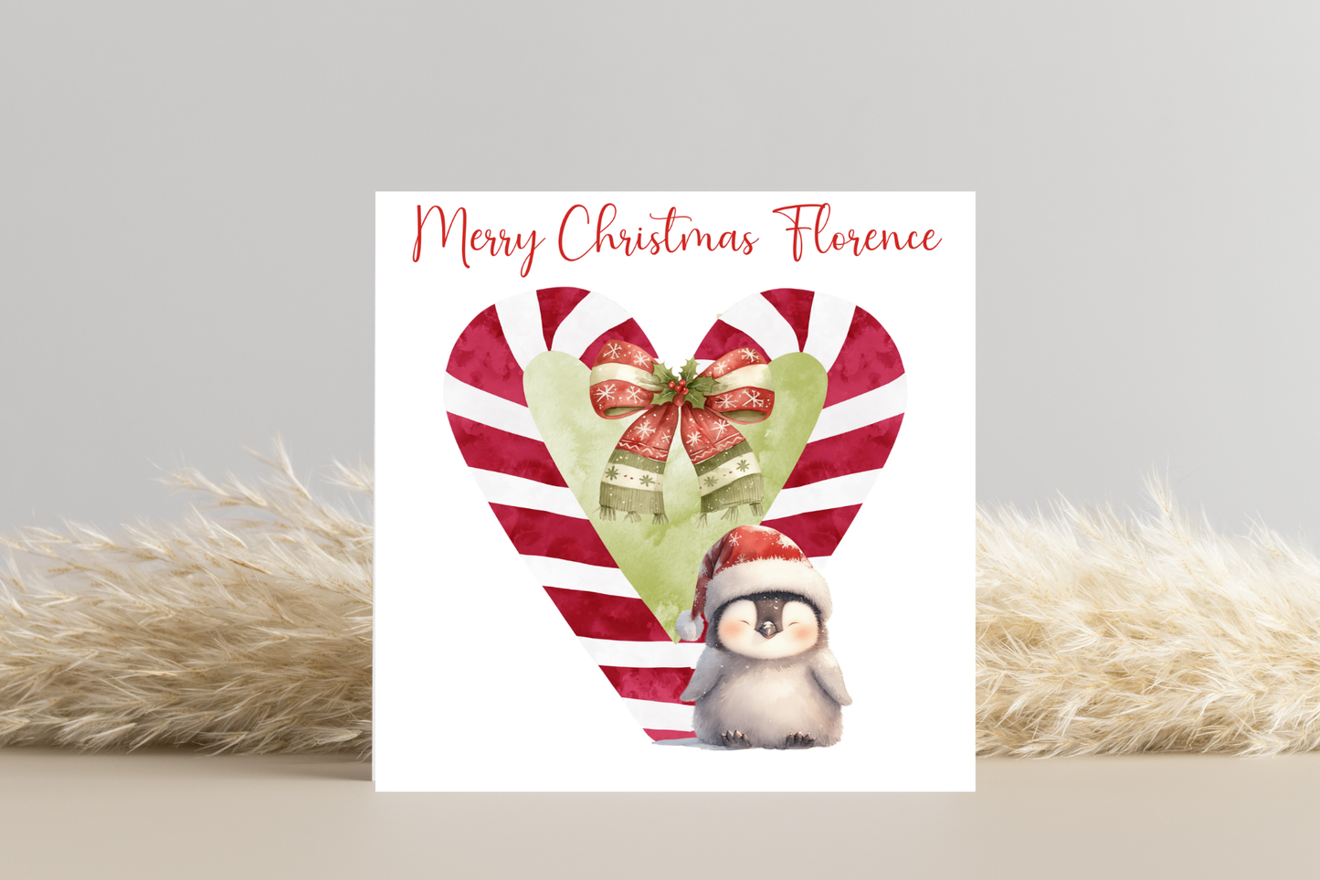 Personalised Candy Cane Heart Penguin Christmas Card