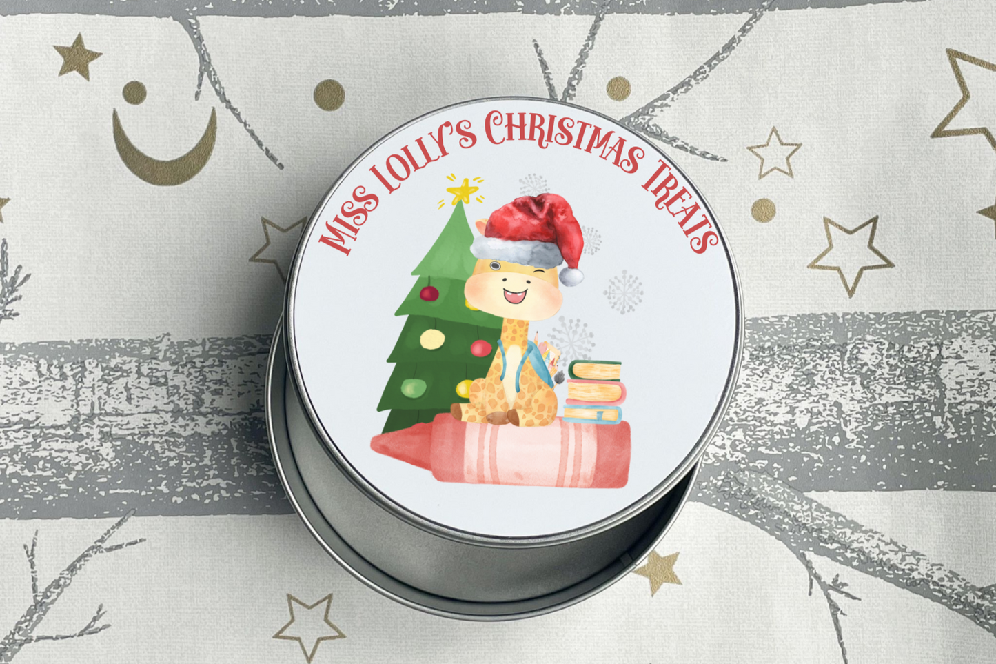 Personalised Christmas Giraffe Treats Tin for Teachers