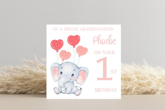 Elephant  1st Birthday Card - Personalised Pink Design