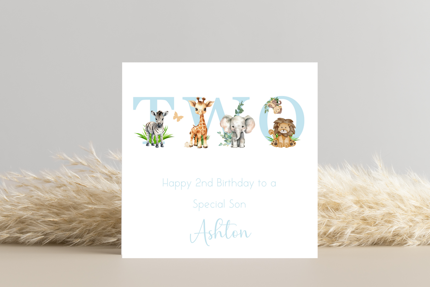 Personalised Jungle Animal Blue Birthday card