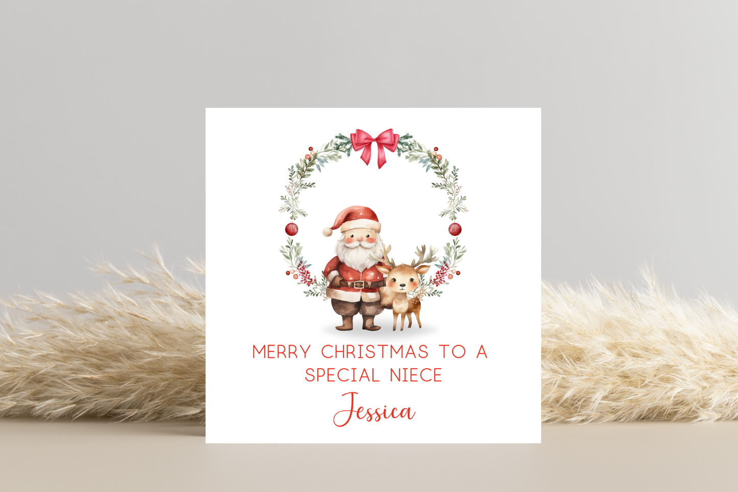 Personalised Santa and Reindeer Wreath Christmas Card