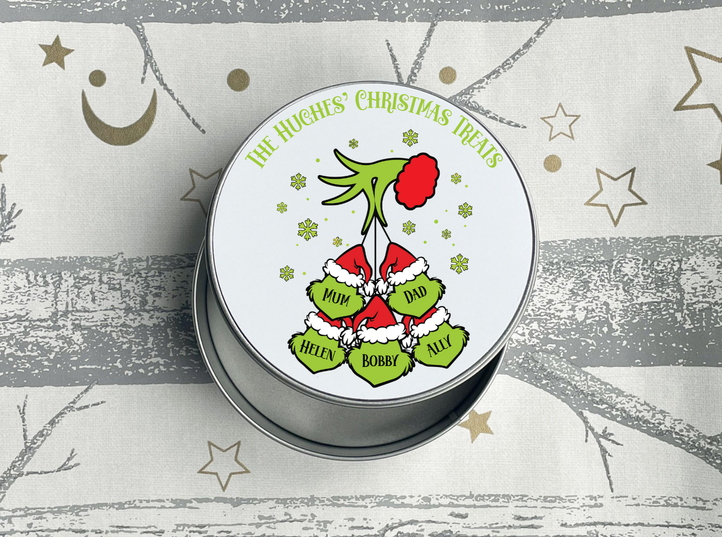 Personalised Grinch Family Christmas Treats Round Tin