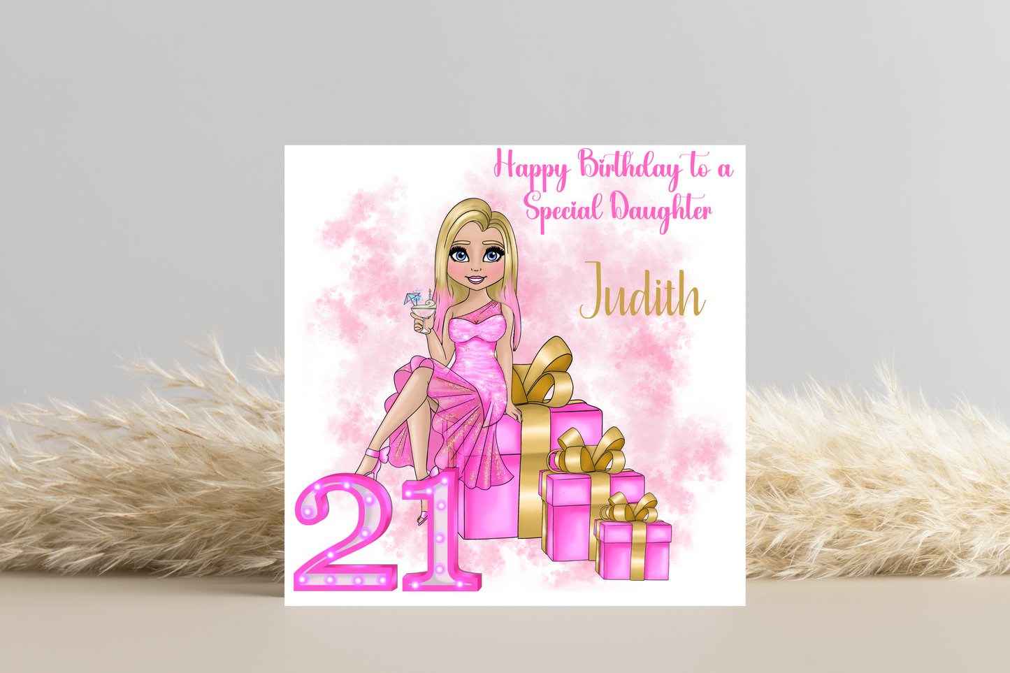 21st Birthday Card Personalised- Lady in Pink Dress Sitting on Glittering Presents