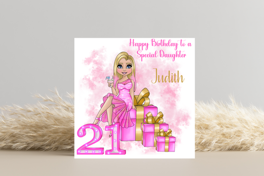 21st Birthday Card Personalised- Lady in Pink Dress Sitting on Glittering Presents