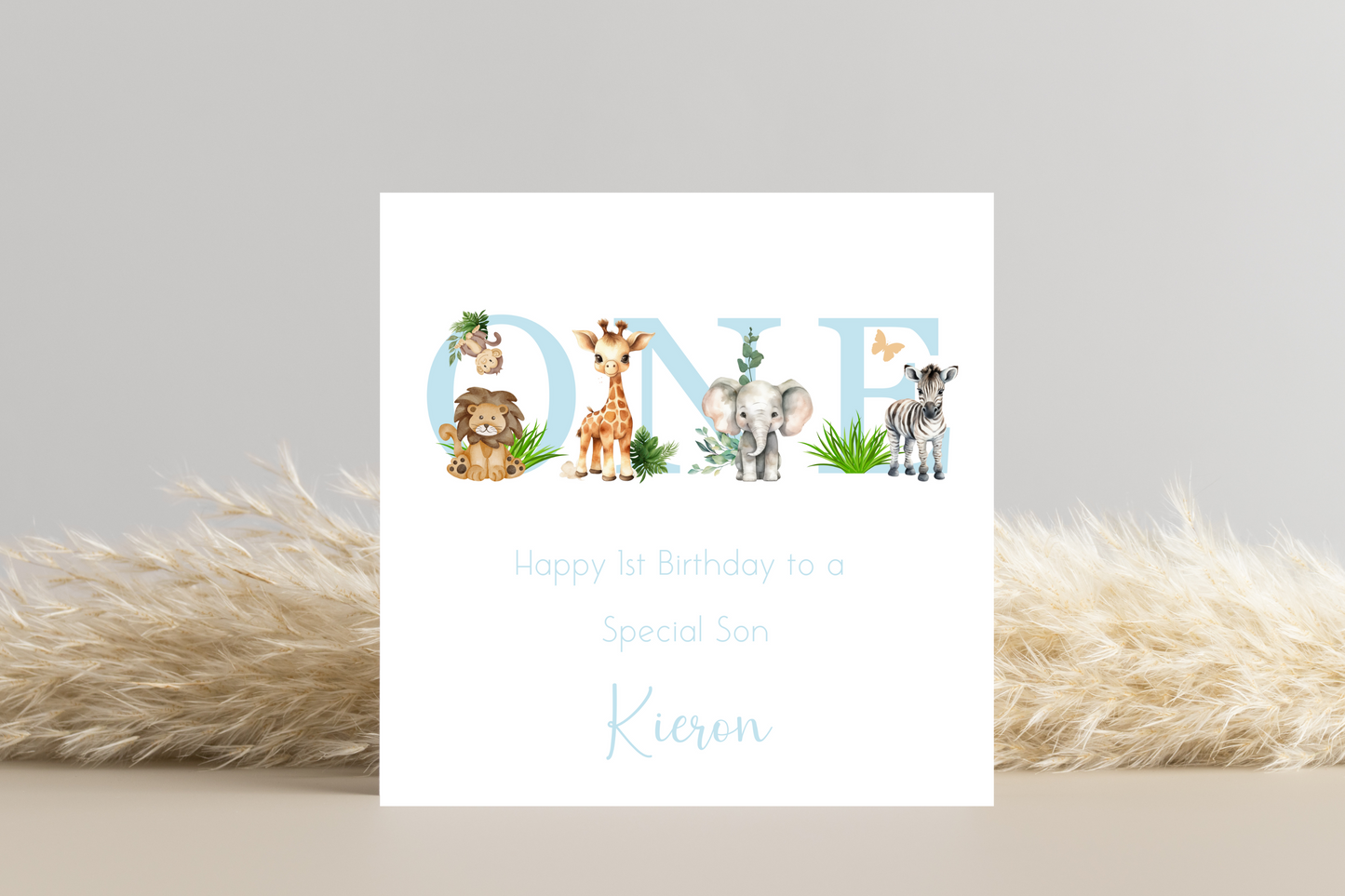 Personalised Jungle Animal Blue Birthday card