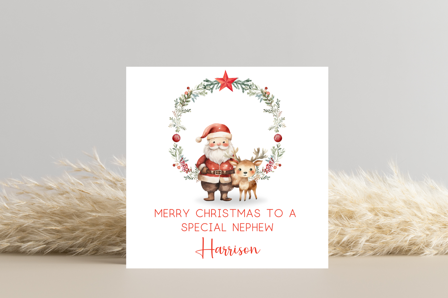 Personalised Santa and Reindeer Wreath Christmas Card