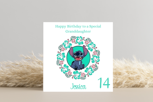 Personalised Stitch Birthday Card- Turquoise Floral Design