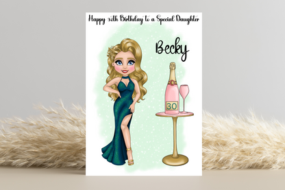 Celebrate Her Milestone: Customise Doll Look Alike in Emerald Green Dress with Champagne Bottle Design - Perfect 30th Birthday Card