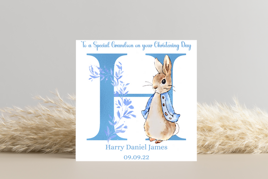 Peter Rabbit Blue Christening Card- Personalised Initial Name and Date