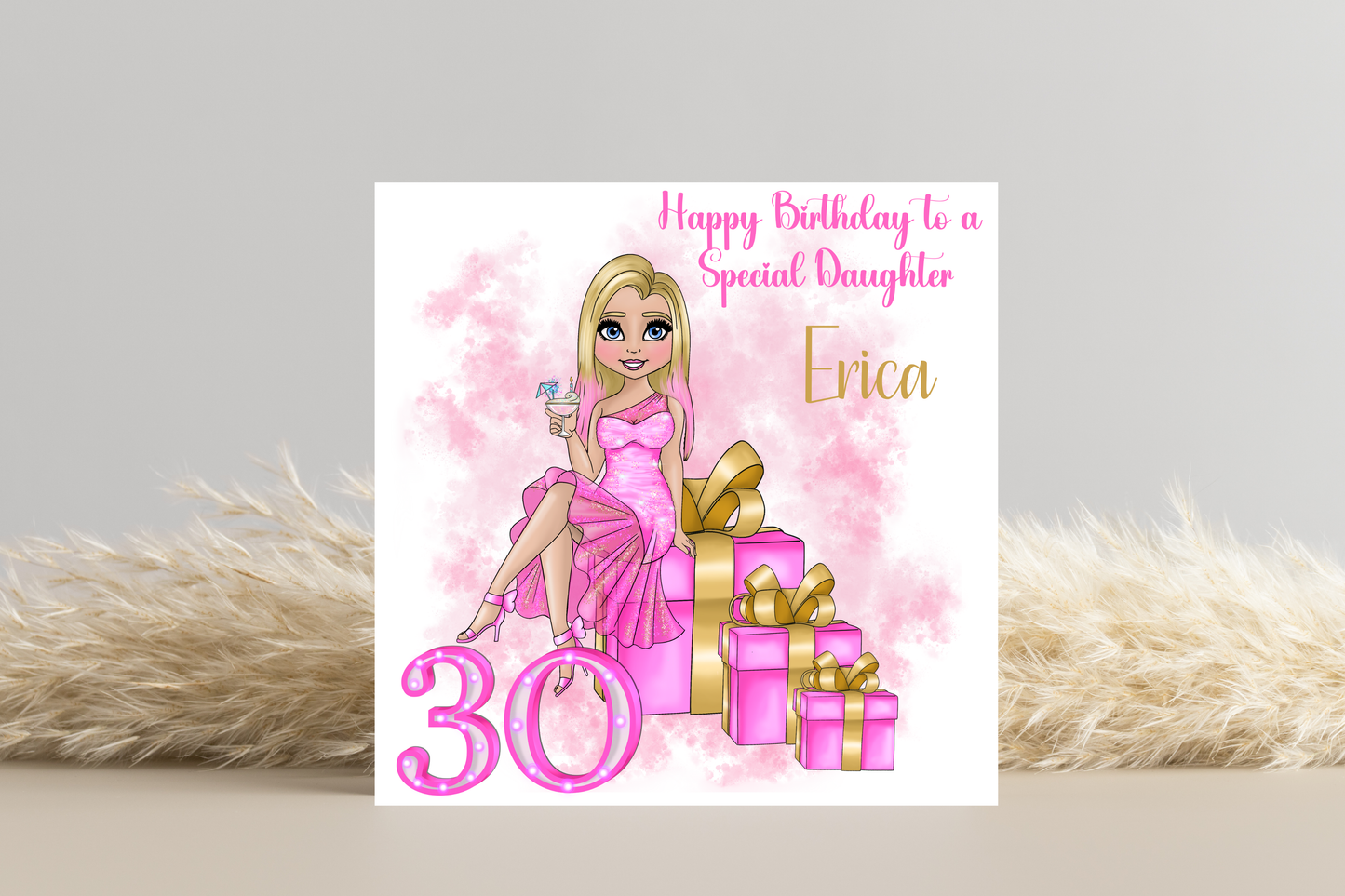 30th Birthday Card Personalised- Lady in Pink Dress Sitting on Glittering Presents