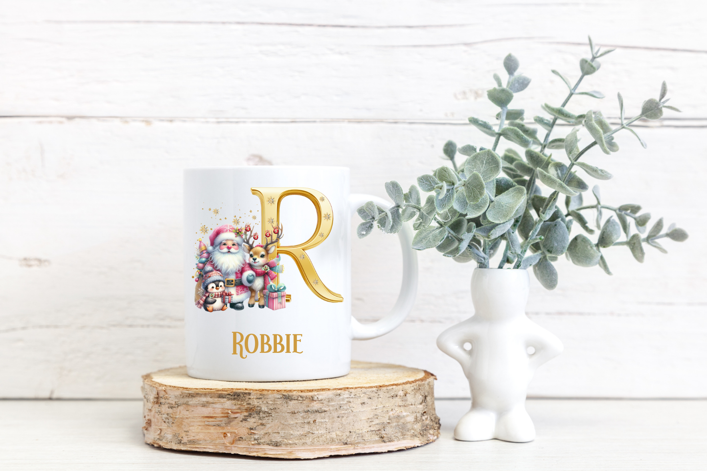 Personalised Golden Santa and friends Christmas mug