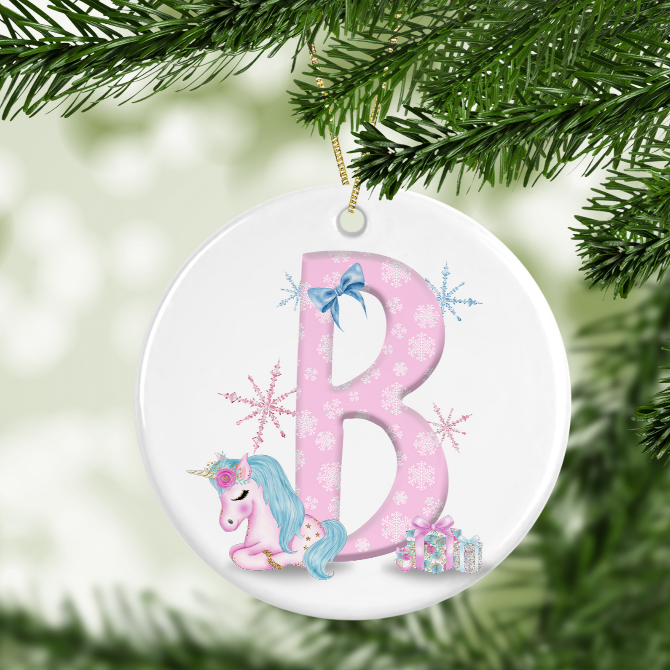 Pink Unicorn Initial Christmas Bauble