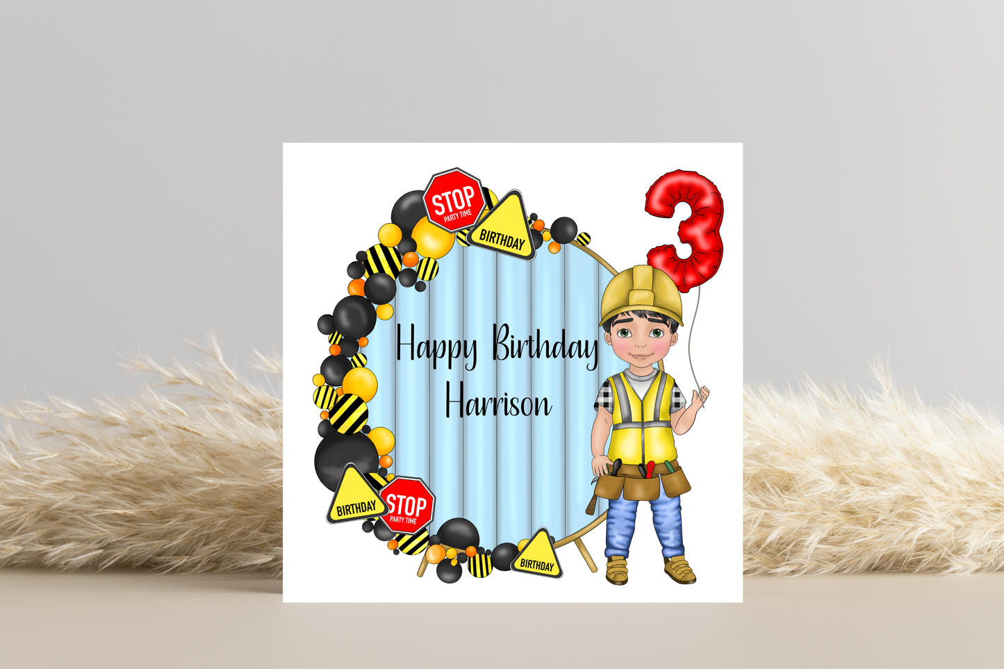 Builder Theme Boy Birthday Card - Personalised Party Fun!