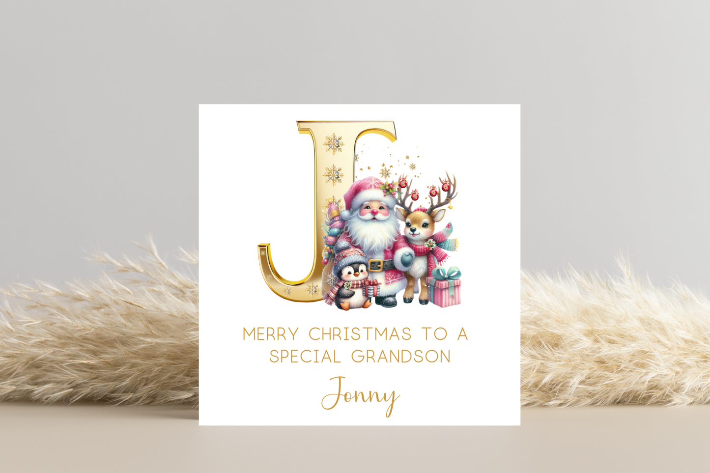 Personalised Golden Initial Santa and Friends Christmas Card