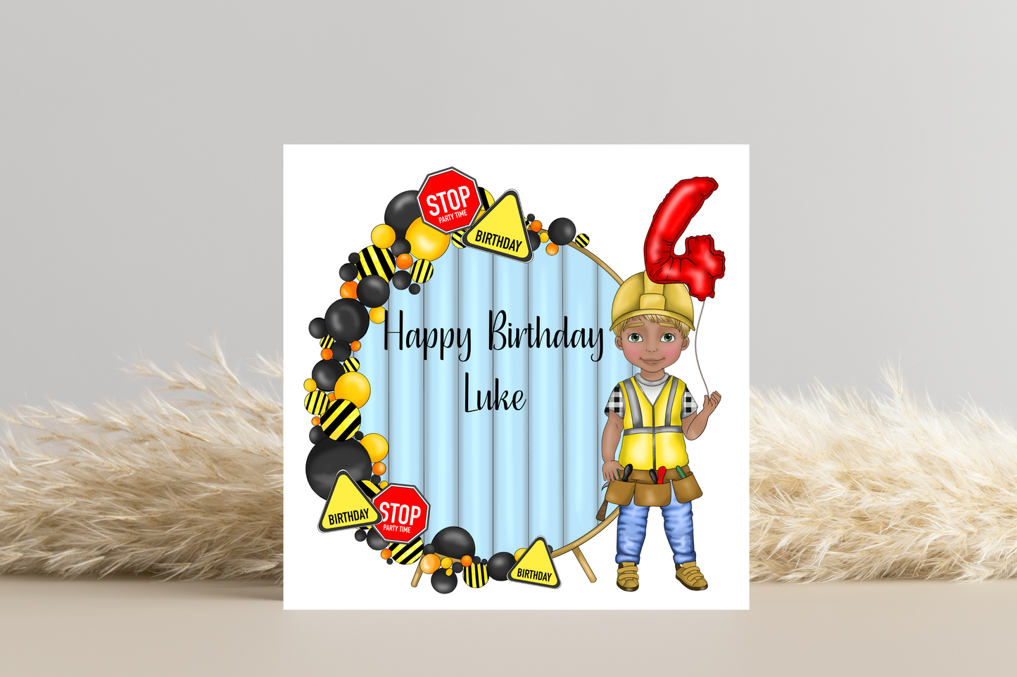 Builder Theme Boy Birthday Card - Personalised Party Fun!