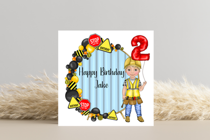 Builder Theme Boy Birthday Card - Personalised Party Fun!