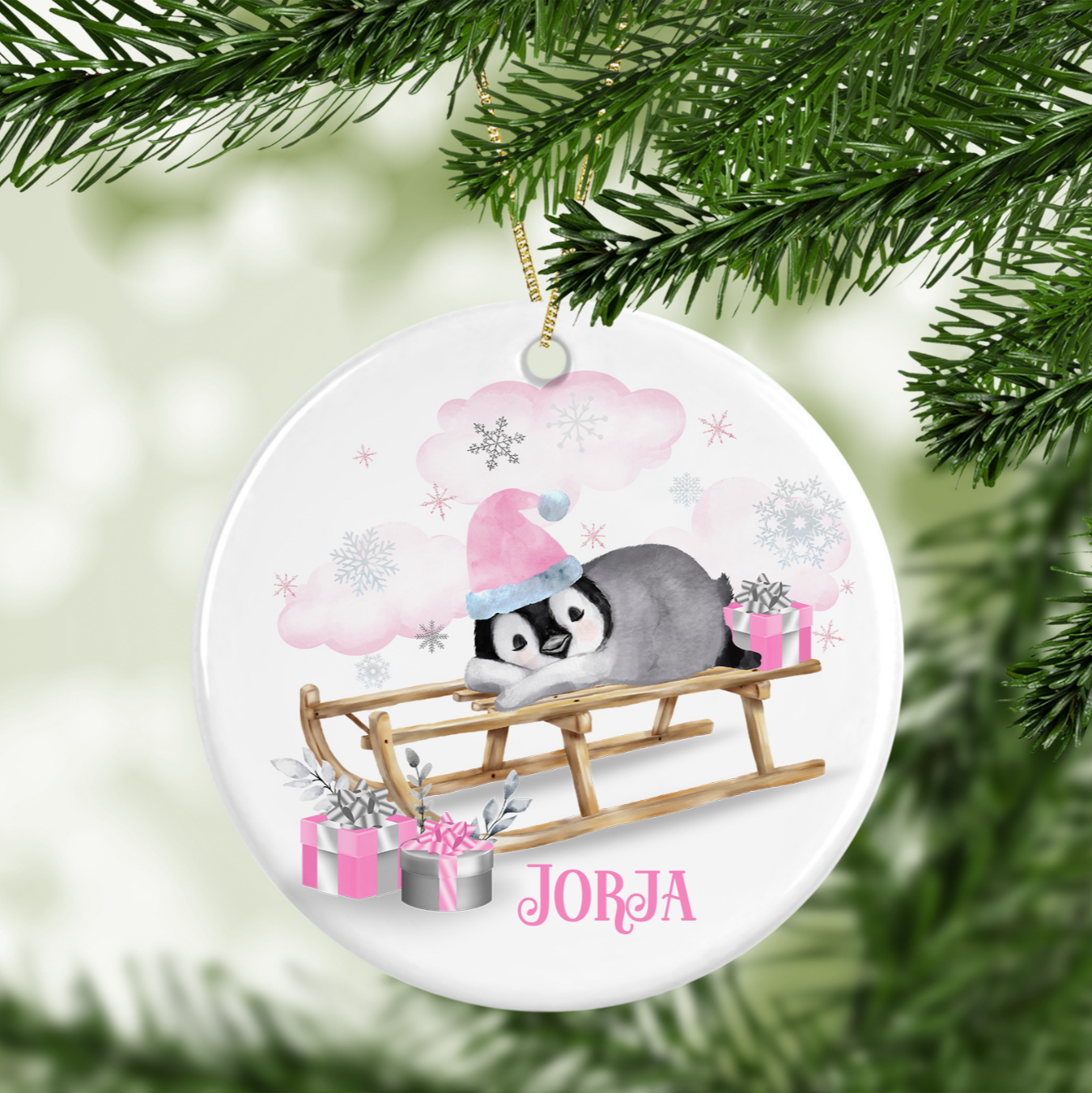 Personalised Penguin on a Sledge Tree Decoration