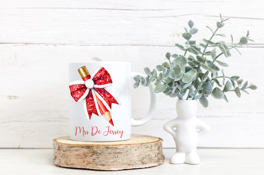 Personalised Bow Pencil Teacher Christmas Mug