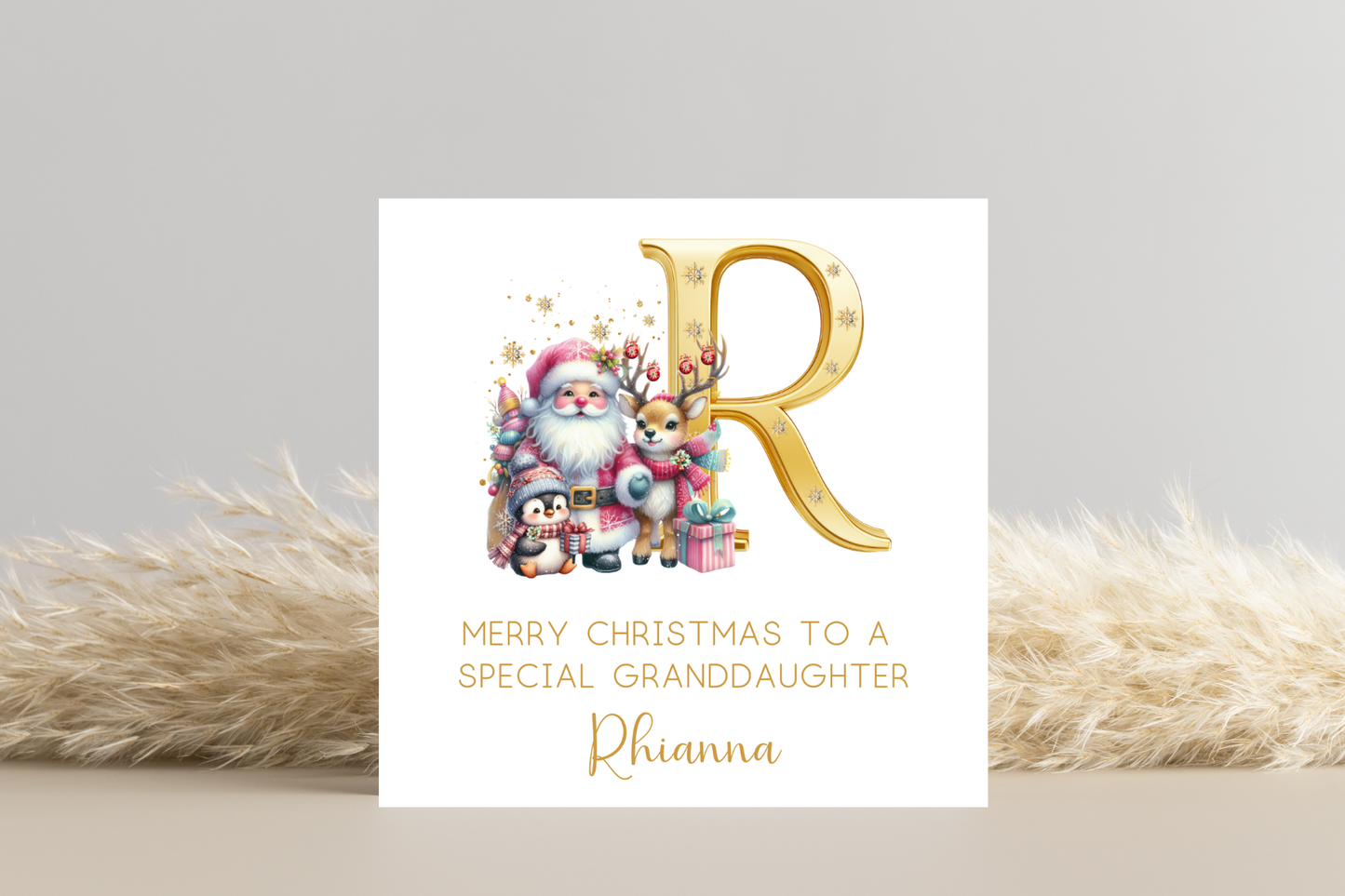 Personalised Golden Initial Santa and Friends Christmas Card