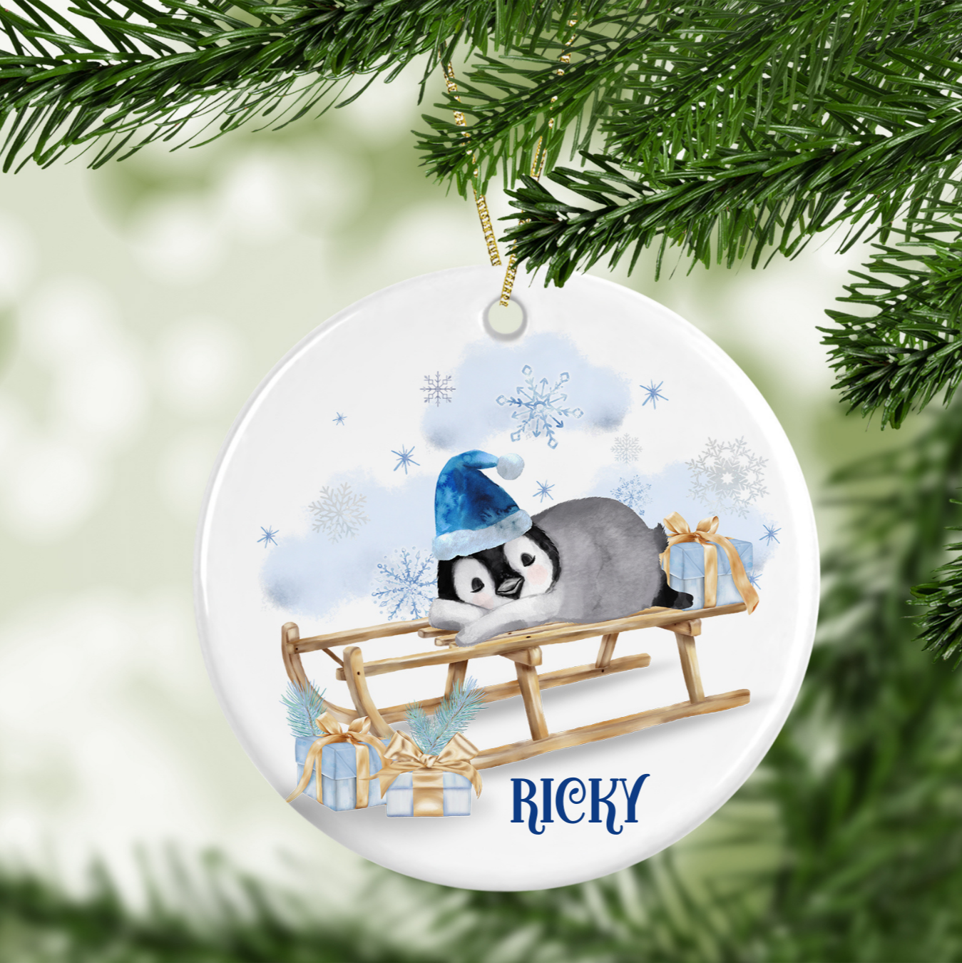 Personalised Penguin on a Sledge Tree Decoration